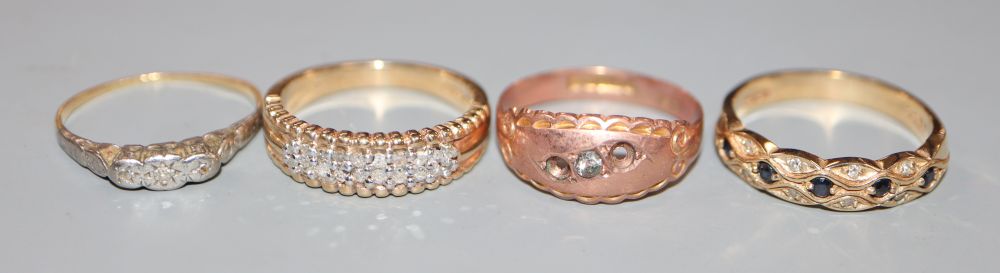 Three assorted 9ct gold and gem set dress rings(stones missing) and an 18ct and plat diamond ring.